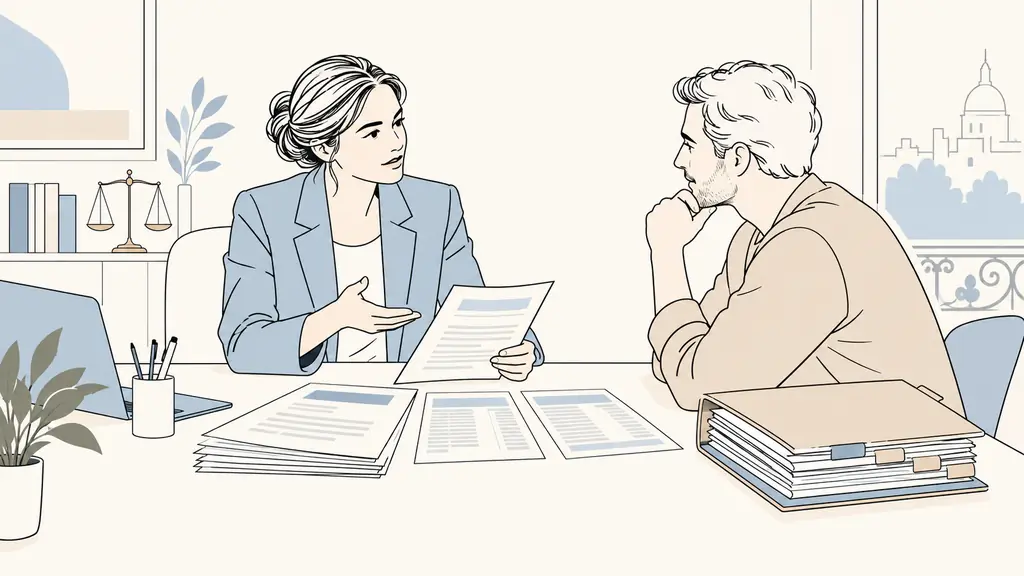 French employment lawyer reviewing an employment contract, payslips and a chronological evidence file with a client across a meeting table, no visible text or logos