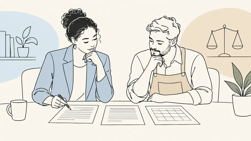 Employment lawyer reviewing an interview invitation, a dismissal letter and a redeployment options table with a small business owner, no visible text or logos