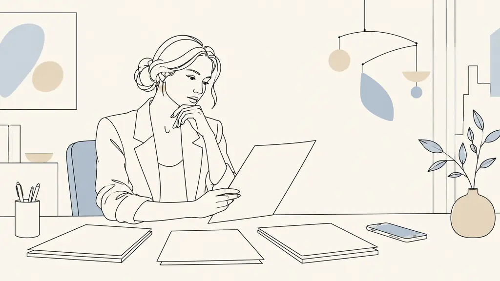 Editorial photograph of a recruiter reviewing a job application at a desk, with a smartphone beside the papers and a suspended kinetic sculpture in the office background, no text, no logo