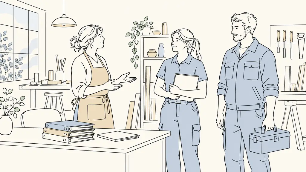 Editorial photograph inside a small French workshop, a business owner speaking with a uniformed employee while an independent technician holding a toolbox stands nearby, unbranded document folders on the desk, no visible text or logos