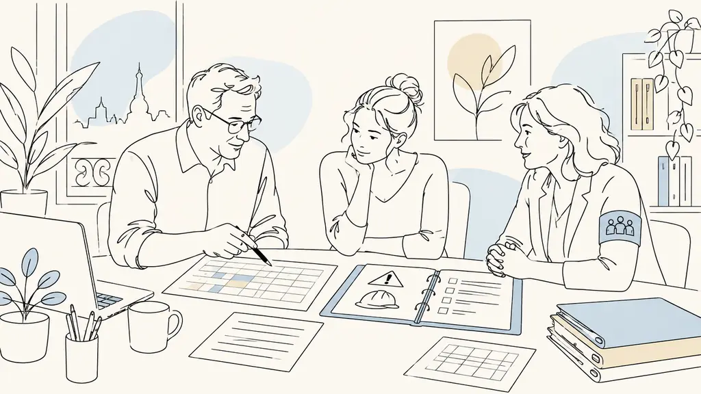 Editorial photograph in a small French company office, a manager reviewing a work schedule and a DUER risk assessment folder with an employee and a CSE representative, no visible text or logos
