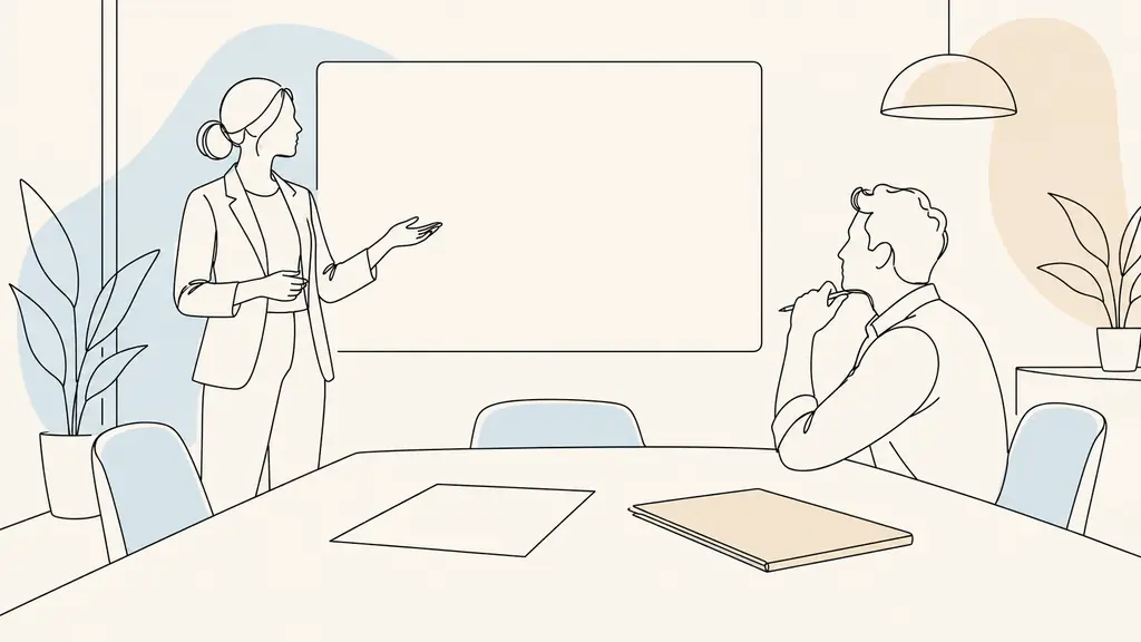 Editorial photograph of a small team meeting, one colleague finishing a presentation while another waits to ask a question, with a printed project schedule and client folder on the table, no text, no logo