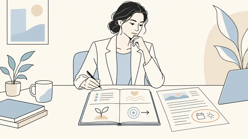 Editorial photograph of a manager preparing for a difficult conversation, notebook divided into four sections for facts, feelings, needs and request, with a Thursday noon deadline circled beside a client quotation, no text, no logo