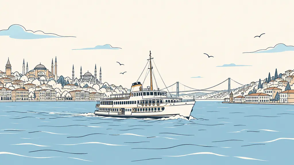 Editorial photograph of a passenger ferry crossing the Bosphorus in Istanbul, with the European skyline on one bank and the Asian waterfront on the other, clear daylight, no visible text or logos