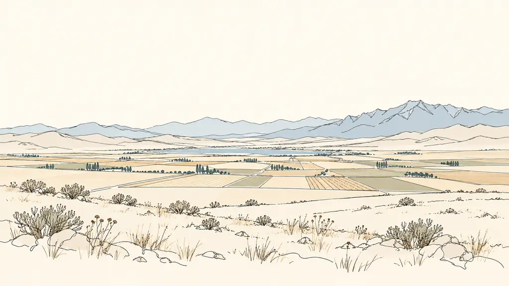 Editorial photograph of the central Anatolian plateau with dry steppe in the foreground, Taurus mountain ridges in the distance and cultivated fields across an inland basin, clear daylight, no text or logos