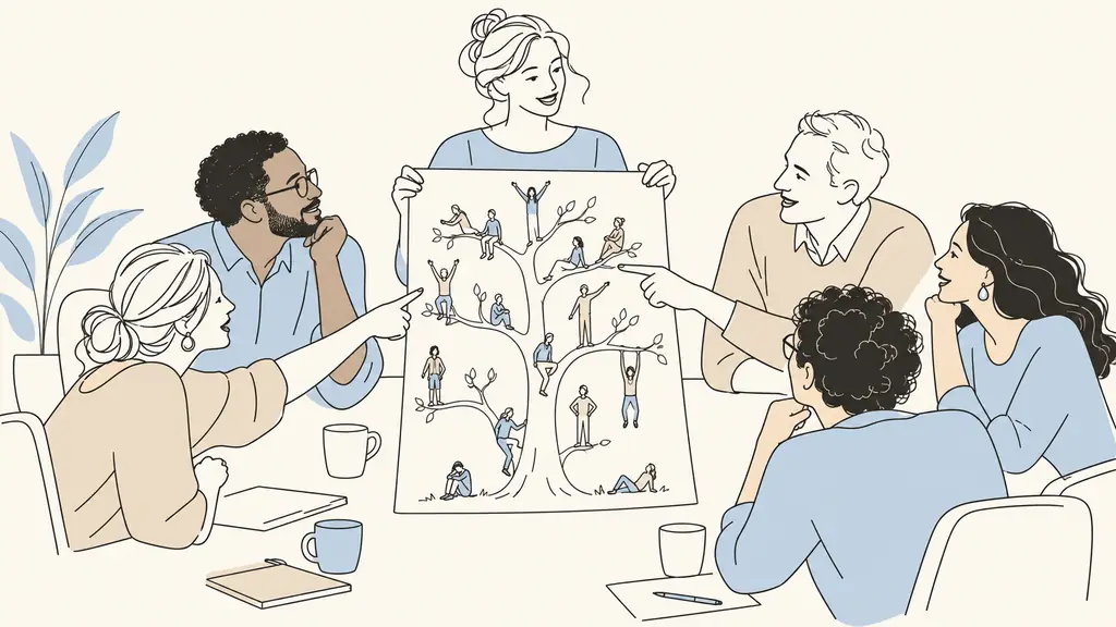 facilitator holding an illustrated character tree sheet while seminar participants point to different figures and discuss their place in the group