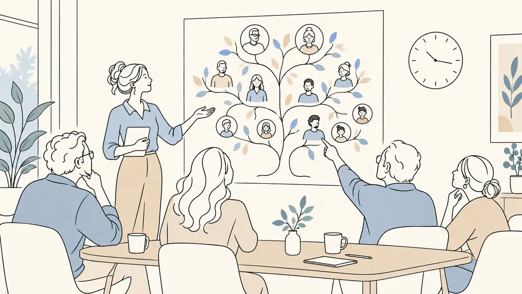 facilitator displaying an illustrated character tree beside a wall clock while one participant points to a figure and others observe quietly