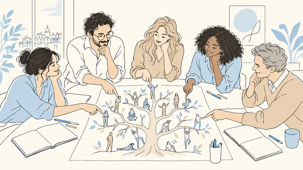 French small business team gathered around a table, each participant pointing to a chosen figure on an illustrated character tree during a project debrief, notebooks and colored pens visible, natural office light, no text, no logo