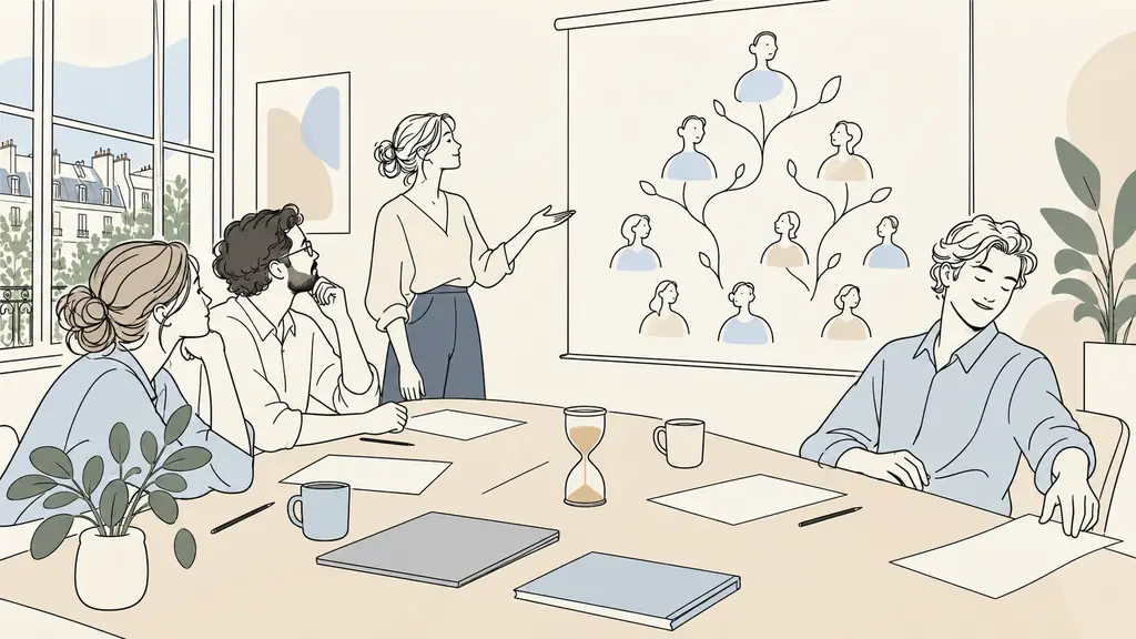 Small French office meeting with a projected illustrated character tree, a tabletop hourglass set for a short activity, and one participant calmly setting their response sheet aside, natural light, editorial photography, no text, no logo