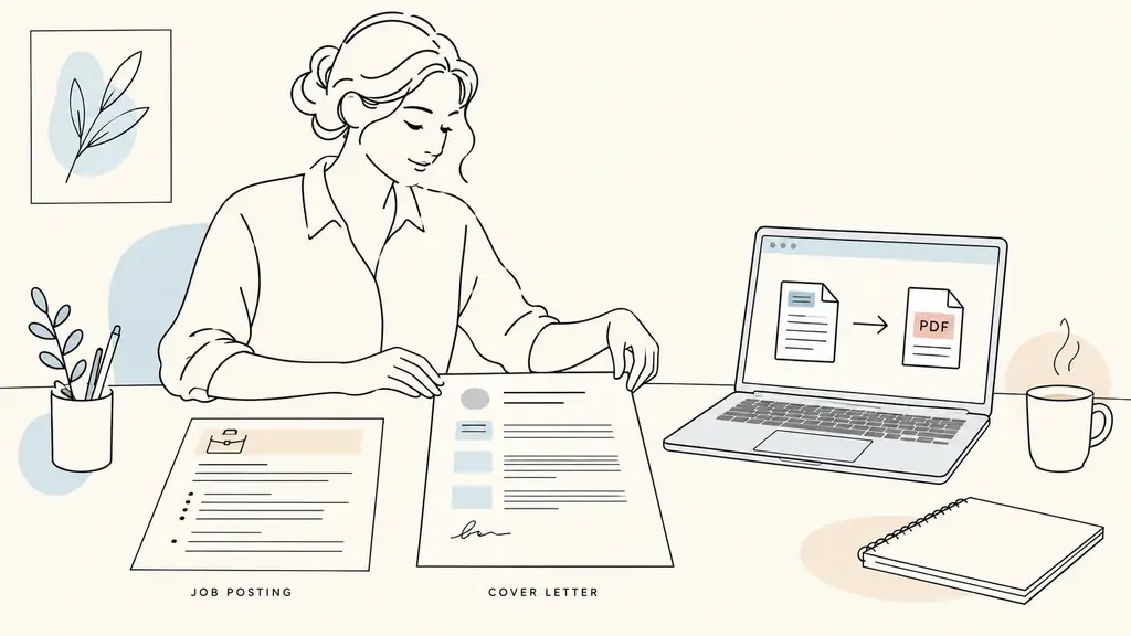 editorial photograph of a candidate arranging a one-page cover letter into clearly separated sections beside a job posting, with a Word document being exported to PDF on a laptop
