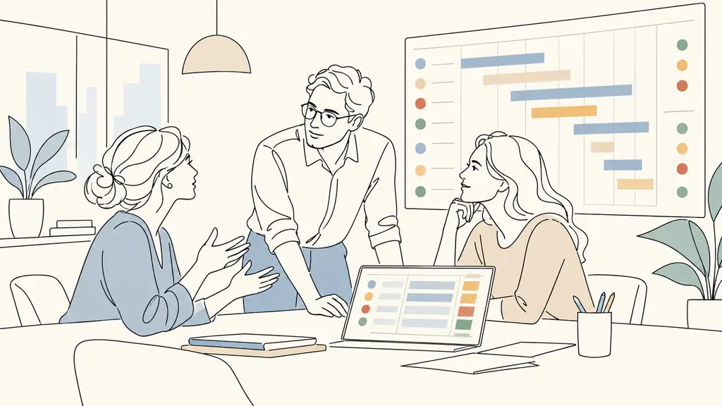 project manager actively listening to two team members beside a color-coded Gantt board and an open risk register, editorial office photography, no readable text, no logo
