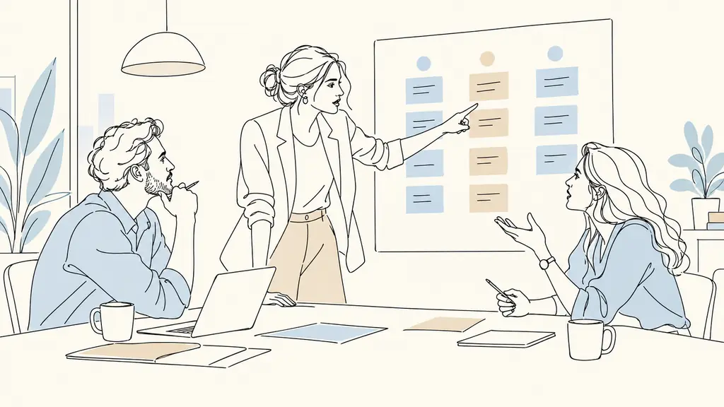 project manager facilitating a tense project meeting, pointing to revised priorities on color-coded cards while two colleagues discuss feedback, editorial office photography, no readable text, no logo