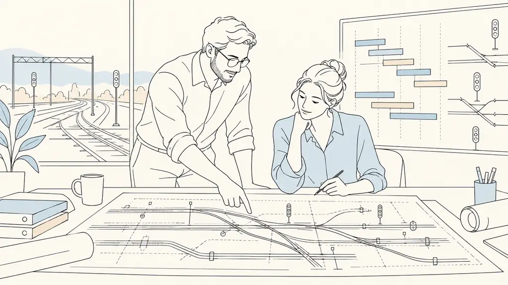 engineering team leader reviewing railway signaling study plans with a colleague beside a project schedule and technical folders, editorial photography, no text, no logo