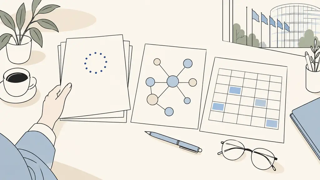 candidate preparing for an institutional affairs interview with a European regulatory brief, a stakeholder map and a meeting calendar arranged on a desk, editorial photography, no text, no logo