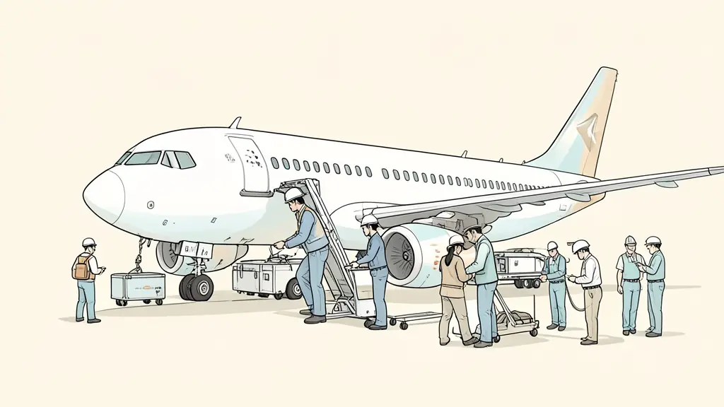 Airport operations team beside a passenger aircraft, maintenance technician inspecting equipment, ground staff preparing a departure, editorial photography without text or logos