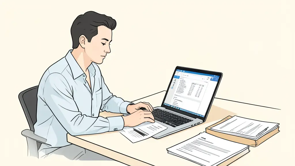 Job applicant reviewing a tailored resume on a laptop, application documents arranged on a desk, email inbox open in the background, editorial photography without text or logos