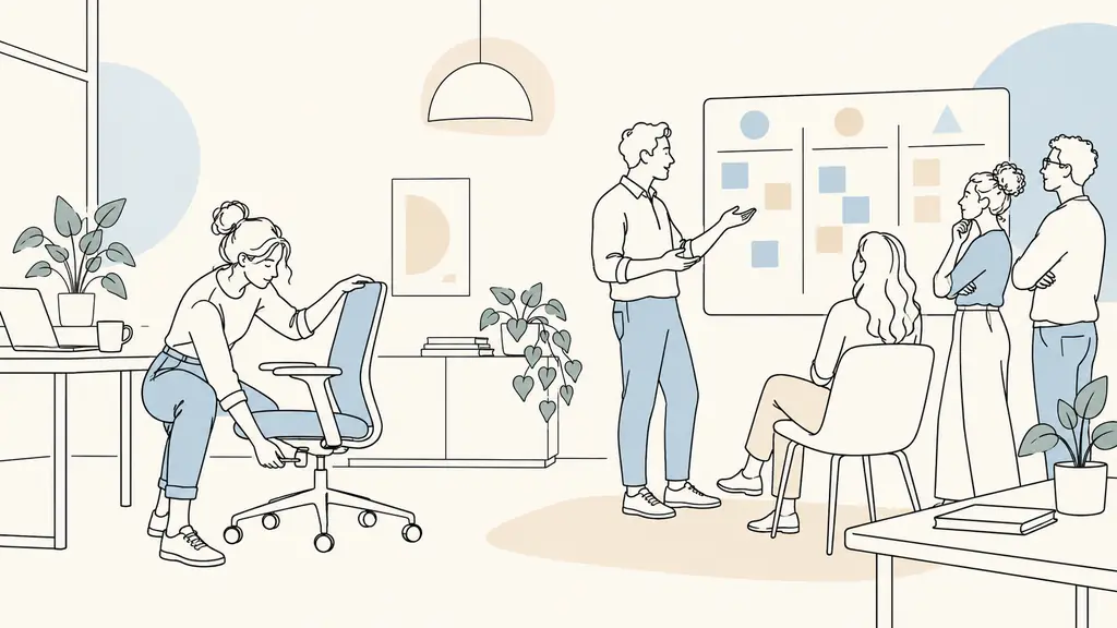 Small business employee adjusting an ergonomic office chair while a manager leads a team check-in beside a workload planning board, natural editorial photography, no text, no logo