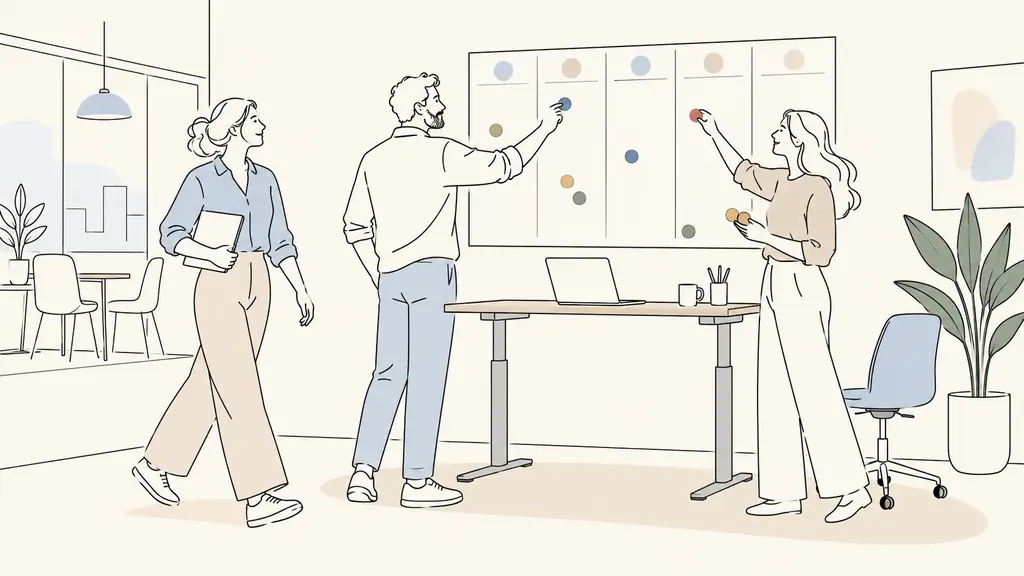 Small business manager and employee moving colored task magnets on a weekly workload board beside an adjustable workstation, another colleague joining the discussion, natural editorial photography, no text, no logo