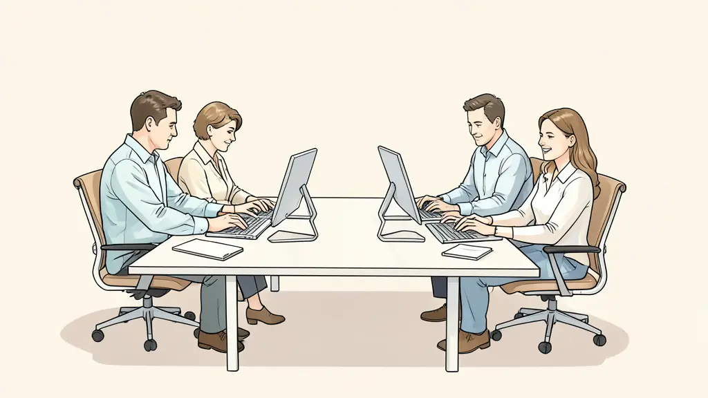 Editorial photograph of a small team reviewing workloads around a meeting table, with an ergonomic workstation and a hybrid colleague visible on a laptop, no text or logos