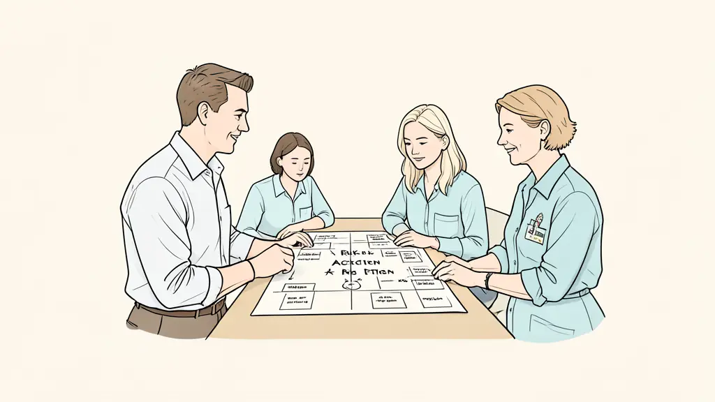 Editorial photograph of a small business prevention meeting with a manager, employee representative and occupational health adviser reviewing a risk action plan, no text or logos