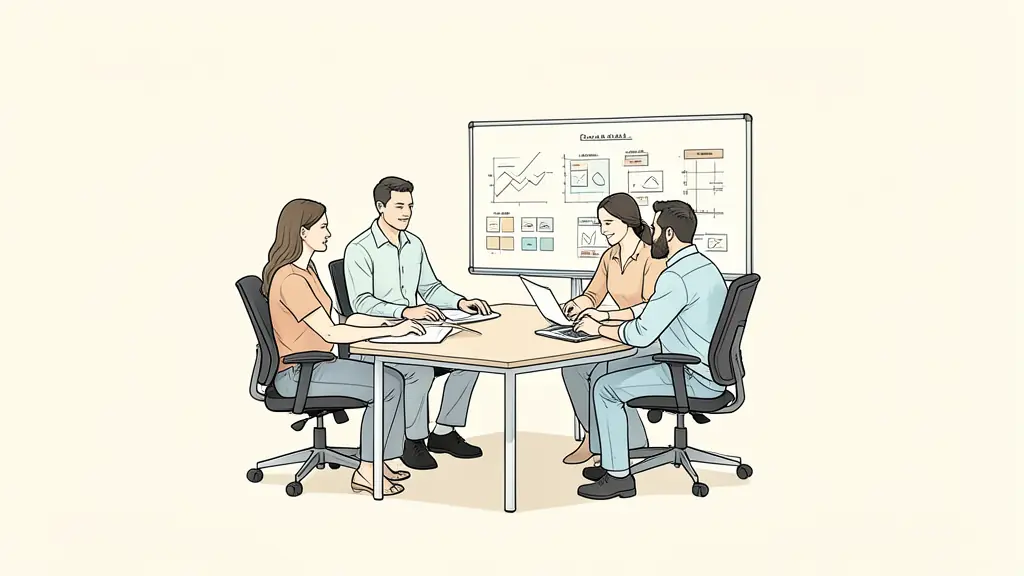 Editorial photograph of a small team reviewing workloads around a table, adjustable office chair and collaborative planning board visible, no text, no logo