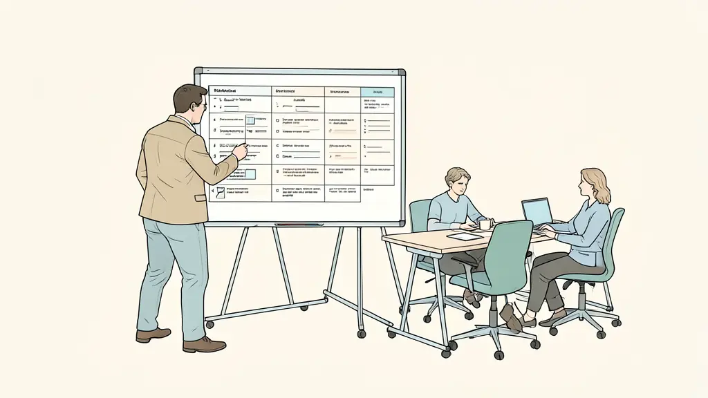 Editorial photograph of a manager and employees adjusting a workload planning board, ergonomic workstation and hybrid meeting setup visible, no text, no logo