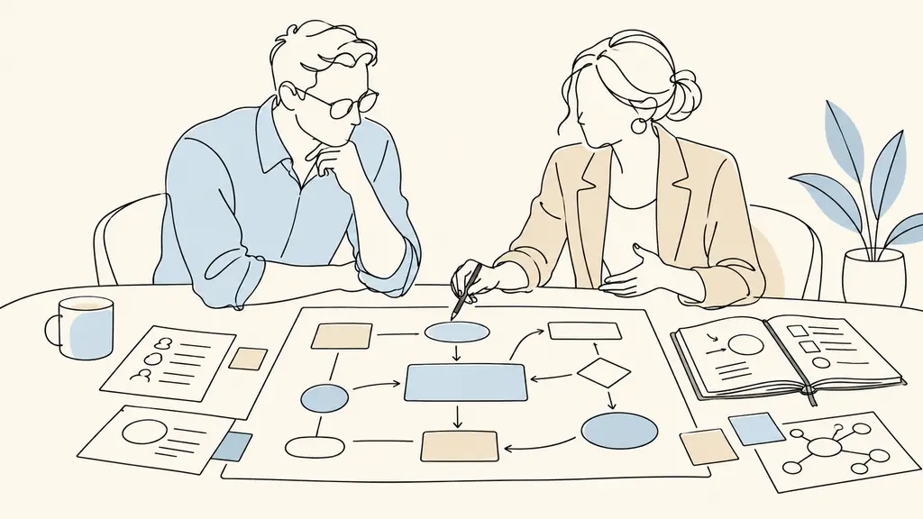 Editorial photograph of a business owner and an organizational coach reviewing a process map at a meeting table, with stakeholder notes and an open planning notebook, no text or logo