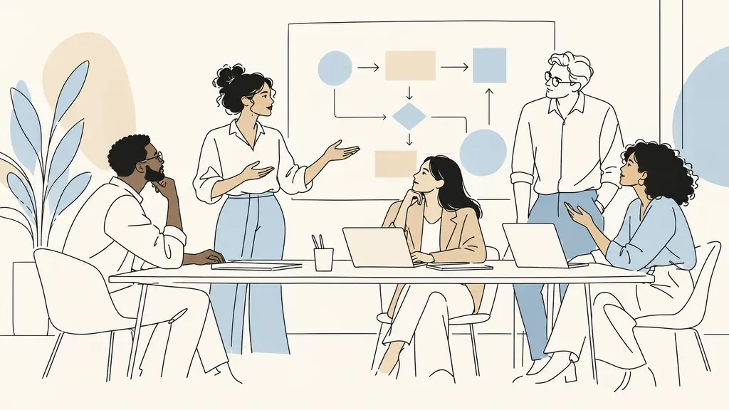Editorial photograph of a small company leadership team around a meeting table, with a manager facilitating cross-team discussion and a visible process diagram without readable text or logos