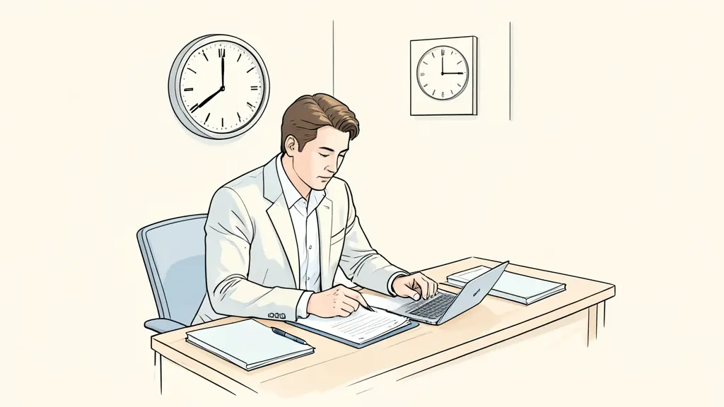 A focused candidate taking a professional test in a bright office, clock on the wall, organized desk with a pen and paper, editorial style