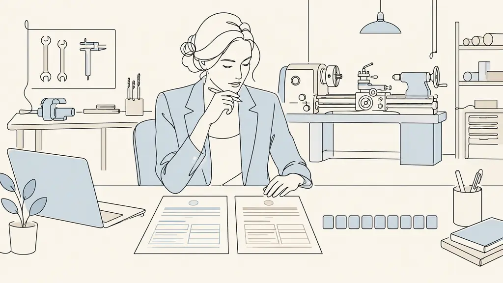 recruiter comparing two official company registry records beside a nine-digit identifier, with a metalworking workshop and lathe visible in the background, no readable text or logos