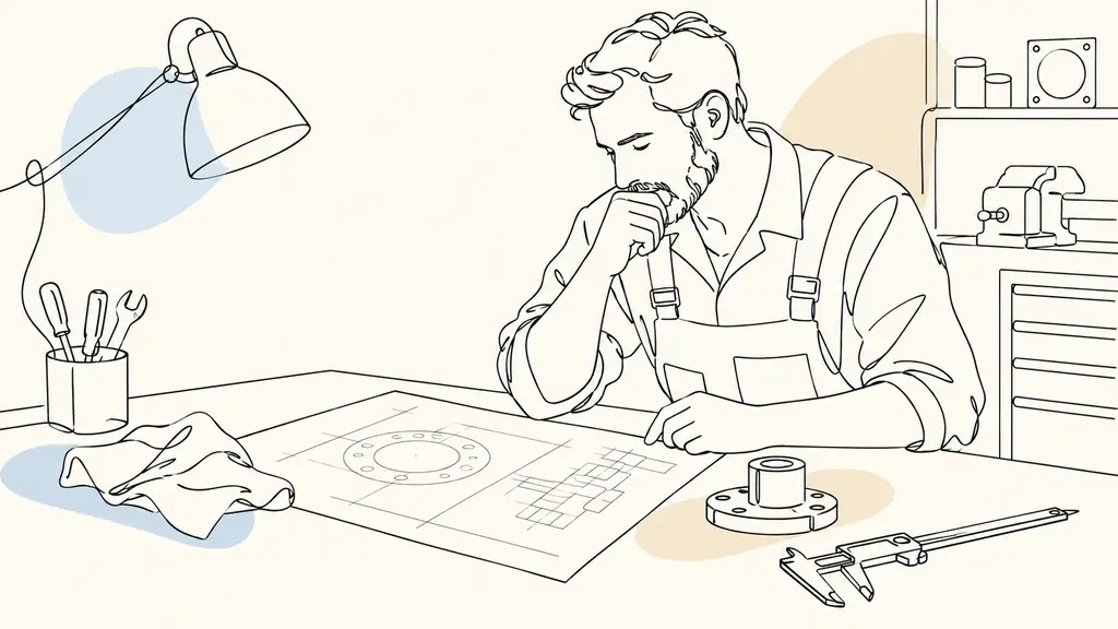 mechanic reviewing a technical drawing beside a measuring caliper and a metal part at an industrial workbench, no text or logos