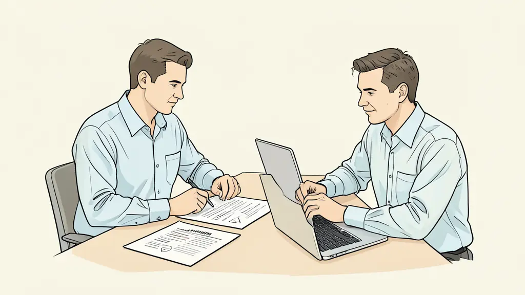Editorial photograph of a recruiter and a hiring manager reviewing a candidate file at a meeting table, with interview notes and a laptop visible, no text or logos