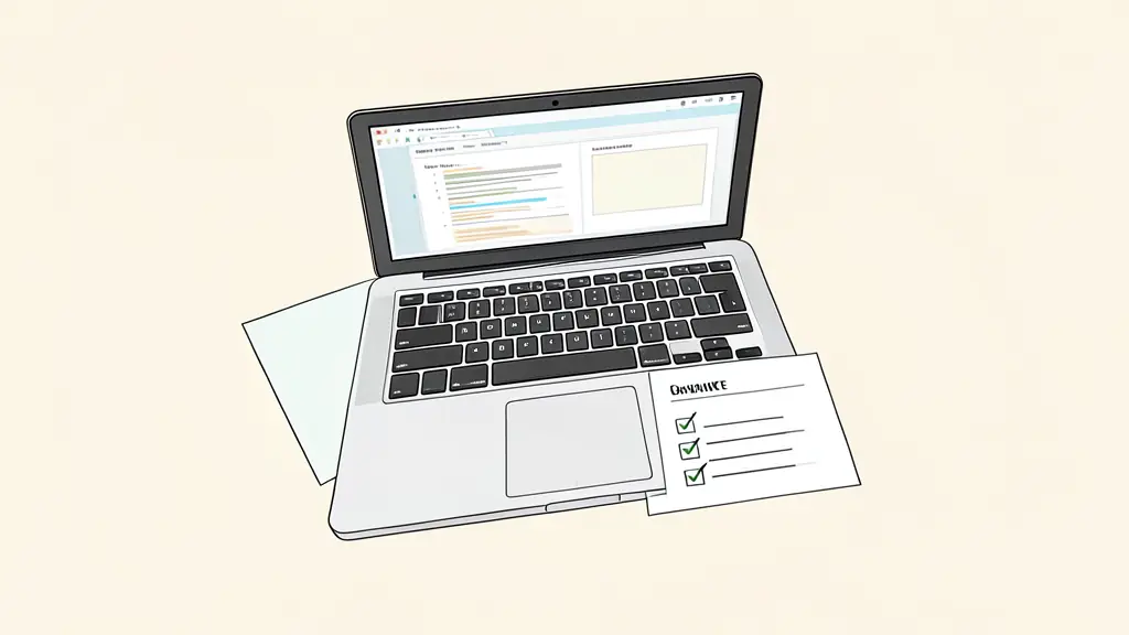 A top view of a professional desk with a laptop showing a PDF document, a printed cover letter, and a checklist with checkmarks, editorial style, clean office environment