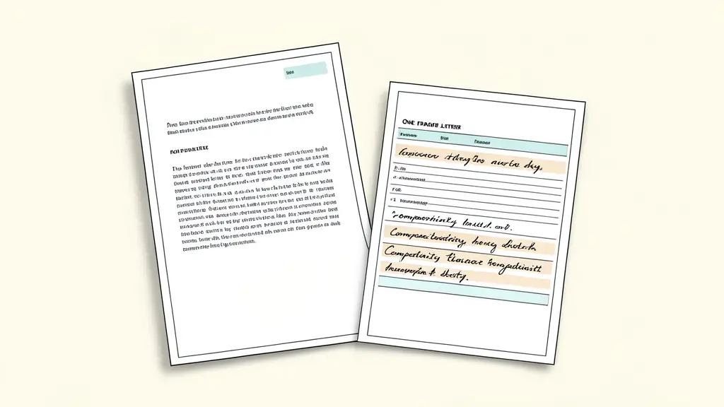 Editorial photograph of a candidate completing a one-page cover letter beside a printed job listing and handwritten competency notes, natural office light, no visible text or logo