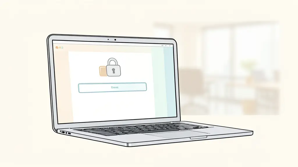 A close-up of a professional laptop screen displaying a secure login interface with a lock icon, next to a blurred office background, editorial style, high quality