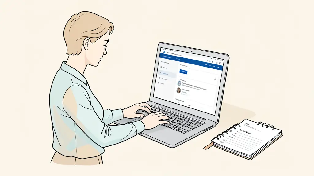 Job candidate reviewing an airline recruitment portal on a laptop, filter menu visible, notebook with job criteria beside the computer