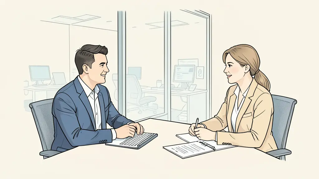 Recruiter and airline job candidate in a structured interview, assessment notes on the table, technical workplace visible through a glass wall