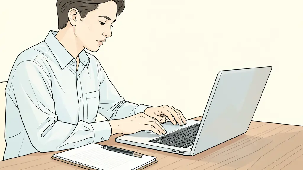 A professional close-up of a focused candidate reviewing a job offer on a laptop, with a notebook and a pen on a wooden desk, soft office lighting, editorial style