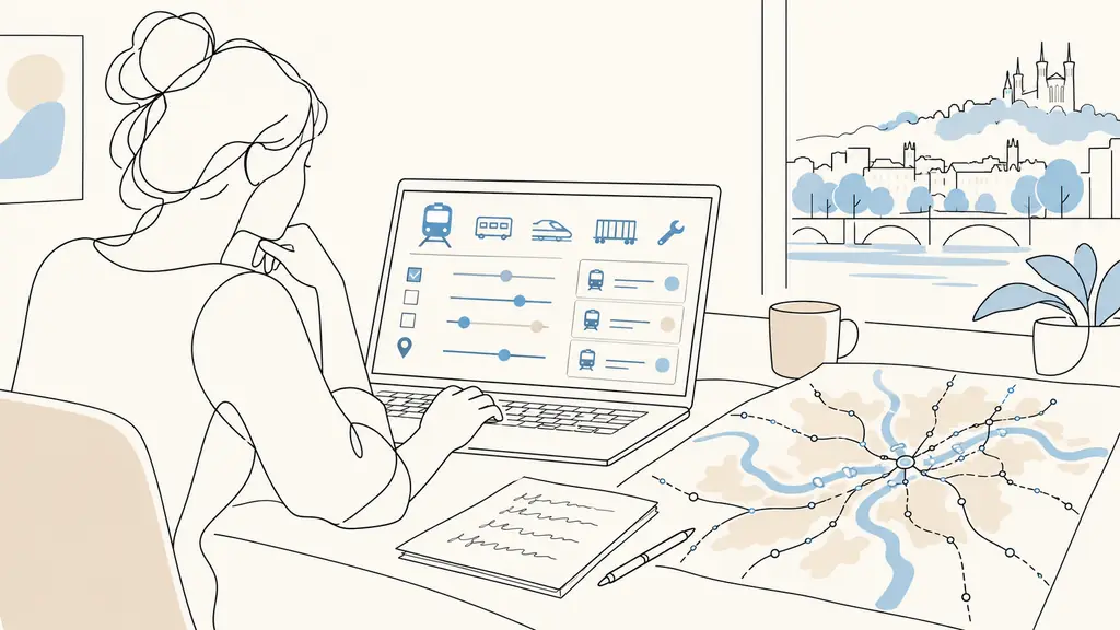 Editorial photograph of a candidate filtering railway job vacancies on a laptop beside a map of the Lyon region and handwritten notes about contract type, no readable text, no logo