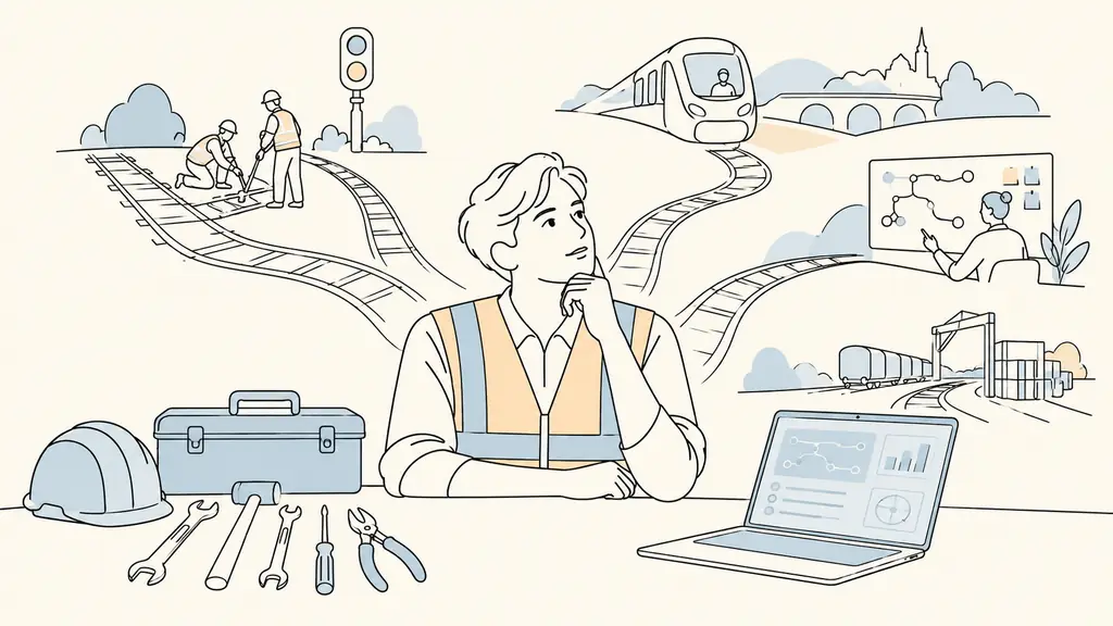 Editorial photograph of a candidate comparing railway career options, with a high-visibility maintenance vest, a technical toolkit and a laptop displaying unreadable interface elements, no text, no logo