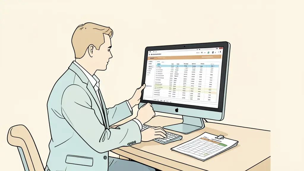 Professional office setting, a manager reviewing a financial spreadsheet on a computer screen with a salary grid document on the desk, focused and corporate atmosphere