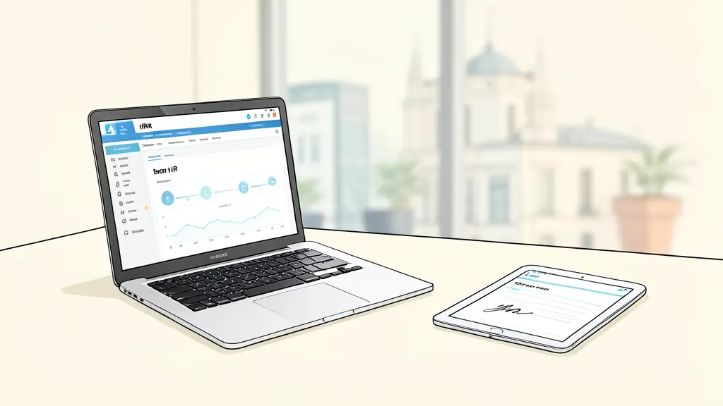 A professional office desk with a laptop showing a secure HR dashboard, a digital tablet with a signature field, and a blurred background of a modern European office, editorial style