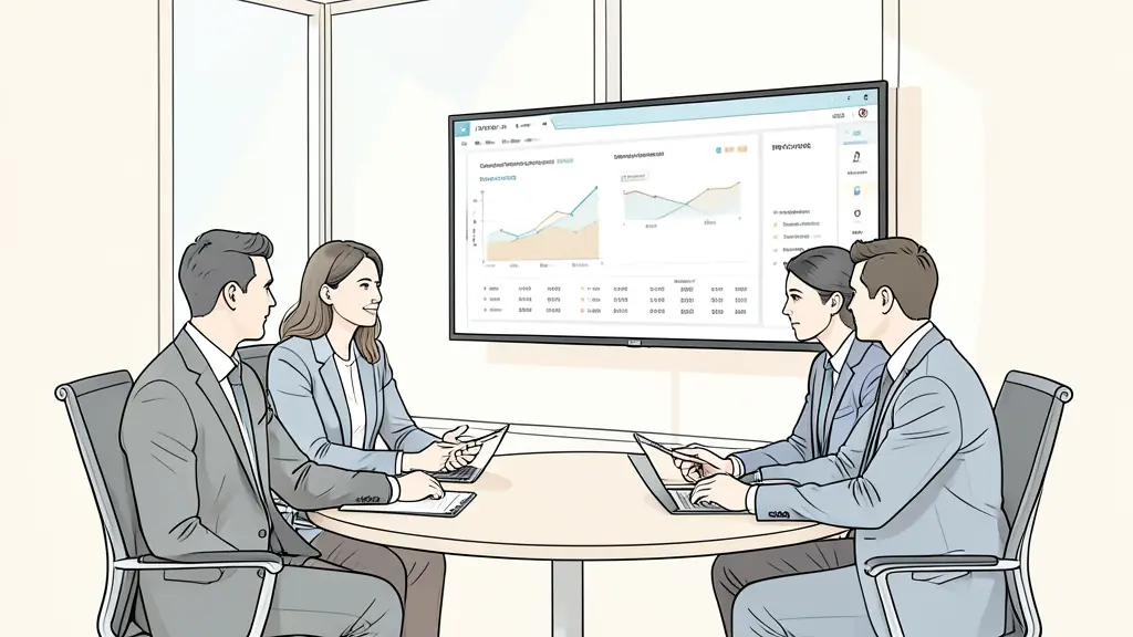 A professional business meeting in a modern office, focusing on a strategic HR discussion with a digital dashboard showing organizational charts and salary metrics on a screen, editorial style, natural lighting
