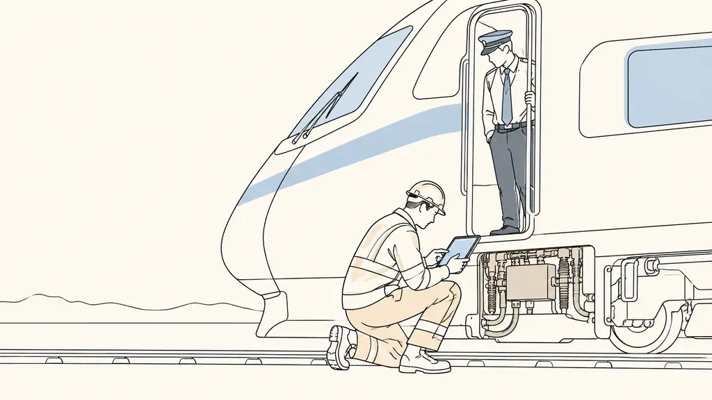 railway maintenance technician inspecting train equipment with a diagnostic tablet while a driver stands near a cab, editorial photography, no visible text or logo
